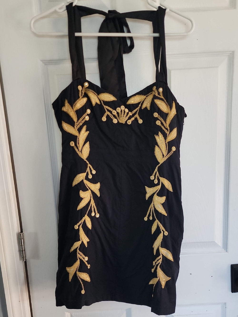 Free People Black Mini Dress with Gold Leaf Embroidery